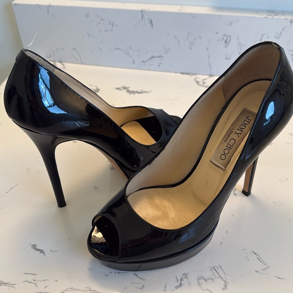 Jimmy Choo Black Patent Peep Toe Heels size 38